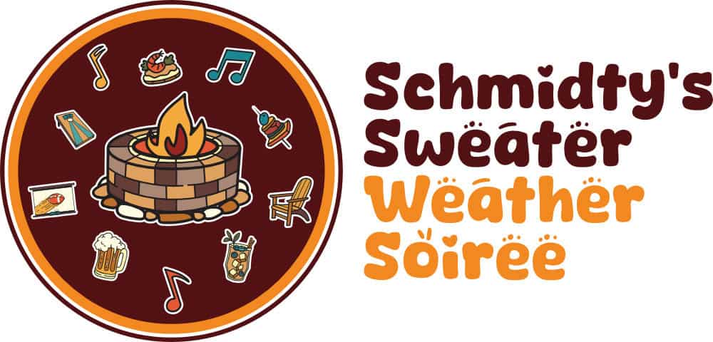 Cozy outdoor bonfire with musical entertainment, crafting, and drinks at Schmidtty's Swäter Wetter Söiree event. Enjoy food, music, and socializing around the fire in a welcoming atmosphere.