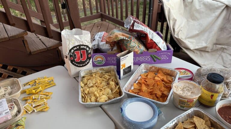 Crispy potato chips, fresh guacamole, and snack foods on outdoor table for casual gathering or party.